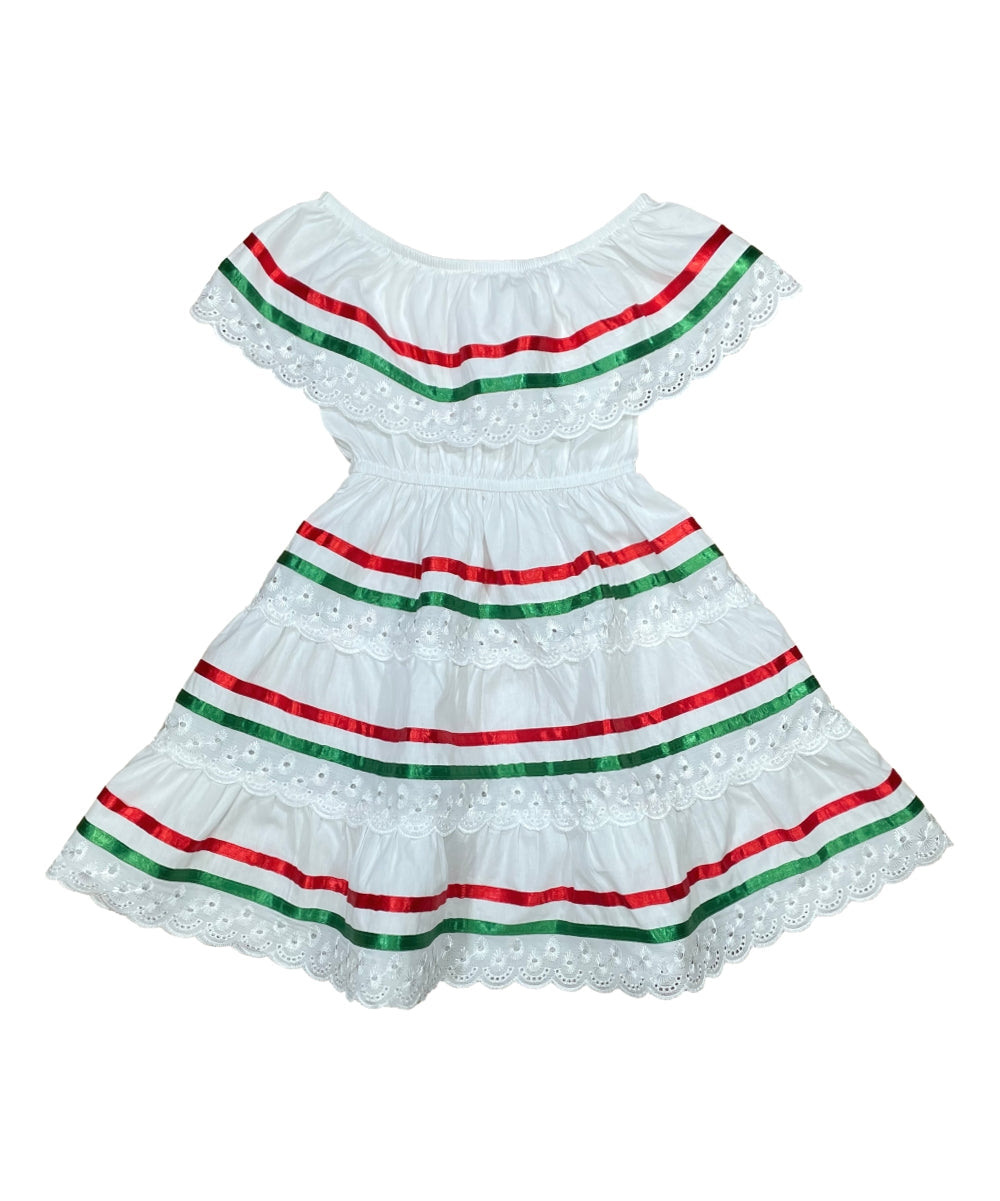 Girl's White Traditional Mexican Cinco De Mayo Fiesta Dress - White, Traditional Mexican Fiesta Style, Sizes 2-14 (1 Piece)