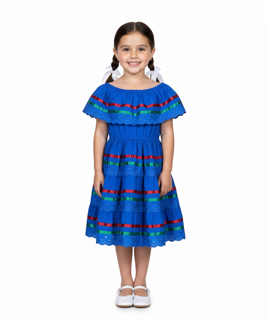 Royal X Traditional Mexican Fiesta Dress - Royal Blue, Cinco De Mayo Style, Sizes 2-14 (1 Piece)