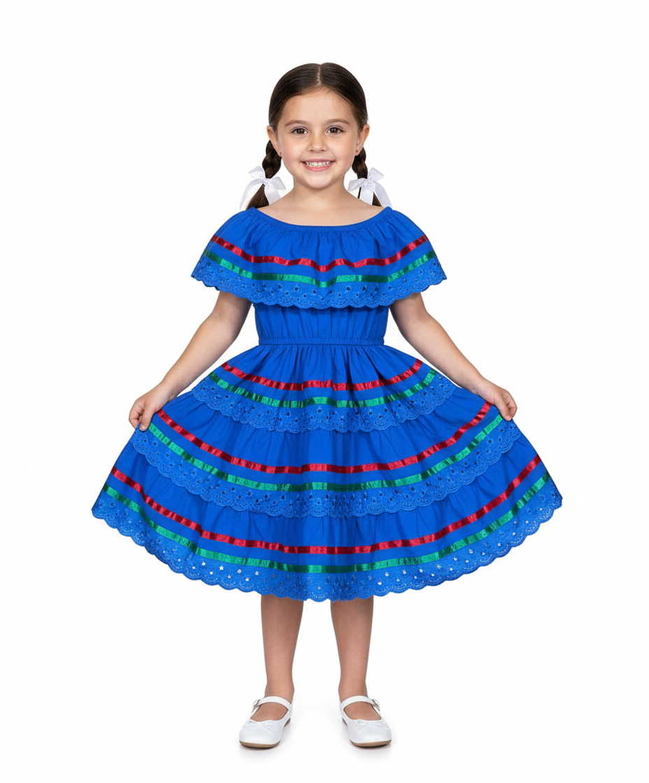 Royal X Traditional Mexican Fiesta Dress - Royal Blue, Cinco De Mayo Style, Sizes 2-14 (1 Piece)