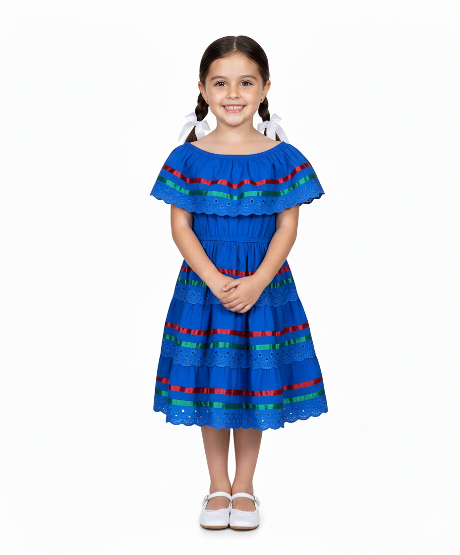 Royal X Traditional Mexican Fiesta Dress - Royal Blue, Cinco De Mayo Style, Sizes 2-14 (1 Piece)