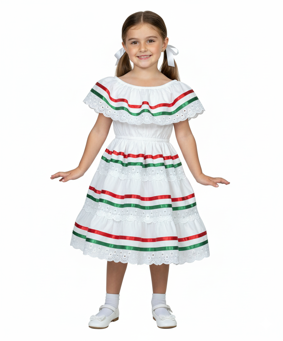 Girl's White Traditional Mexican Cinco De Mayo Fiesta Dress - White, Traditional Mexican Fiesta Style, Sizes 2-14 (1 Piece)