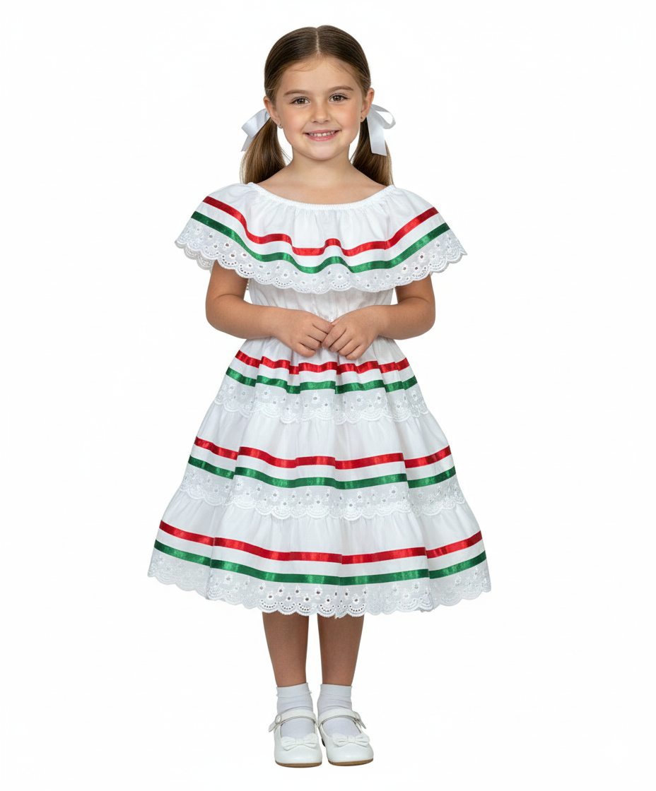 Girl's White Traditional Mexican Cinco De Mayo Fiesta Dress - White, Traditional Mexican Fiesta Style, Sizes 2-14 (1 Piece)