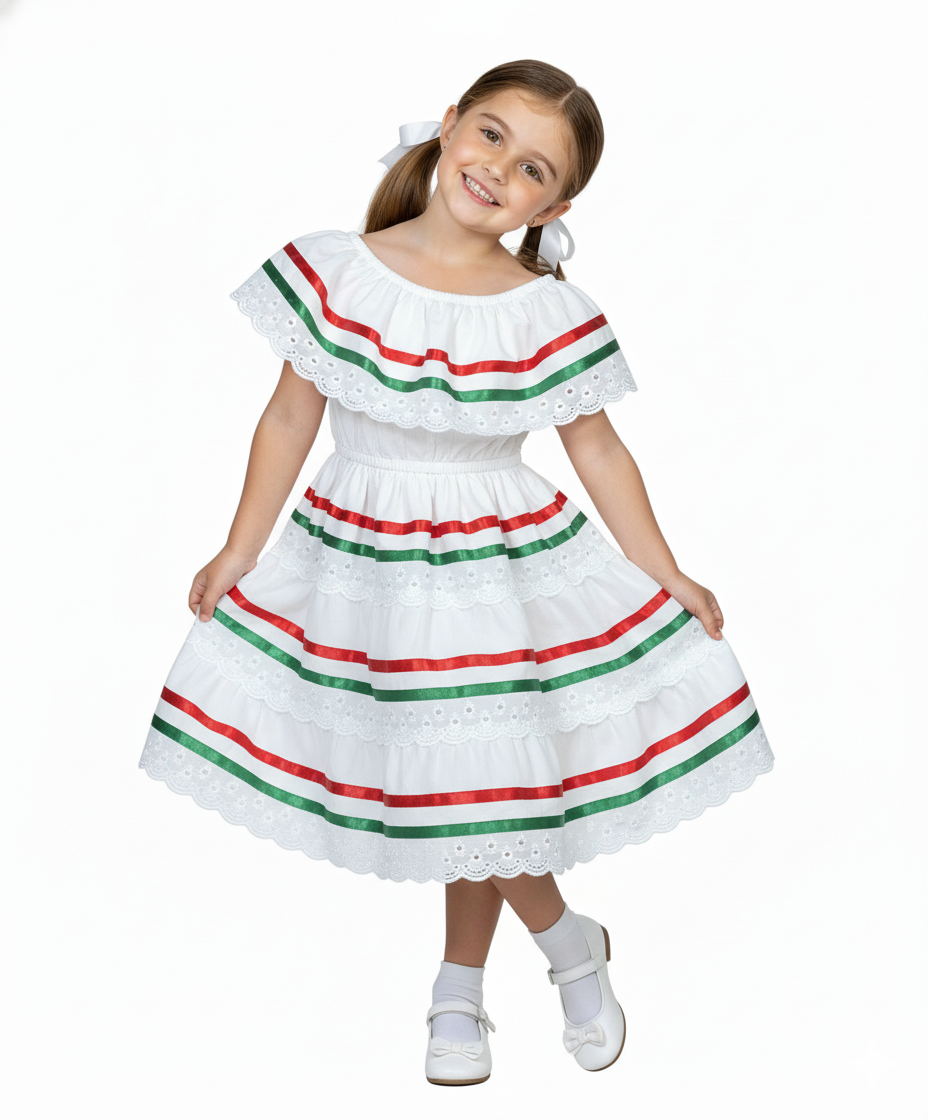 Girl's White Traditional Mexican Cinco De Mayo Fiesta Dress - White, Traditional Mexican Fiesta Style, Sizes 2-14 (1 Piece)