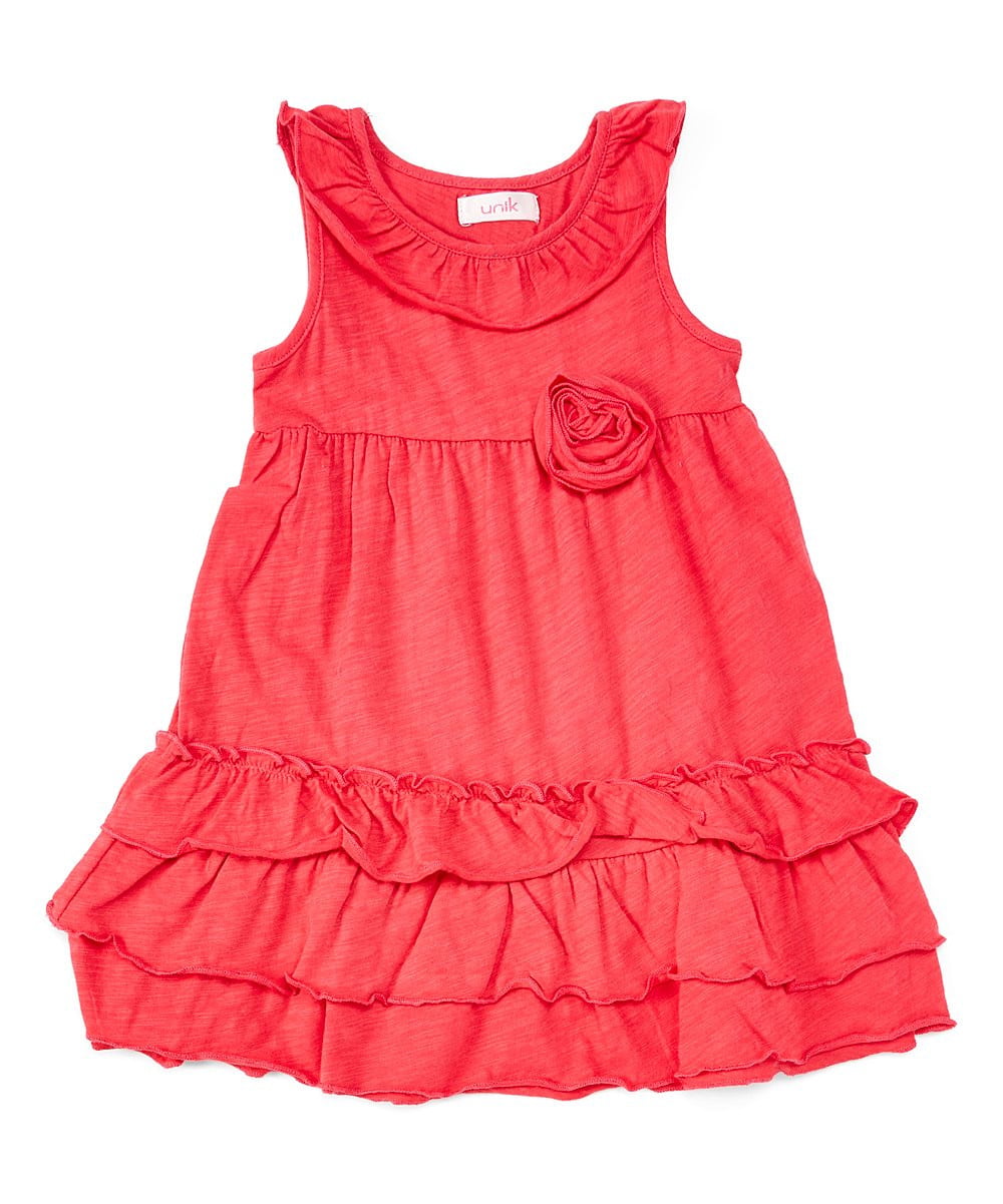 Girl Ruffle Dress With Flower Cotton Blend Fabric - Coral, Fuchsia, Periwrinkle, Mint, Ruffle, 2-8 (1 Piece)