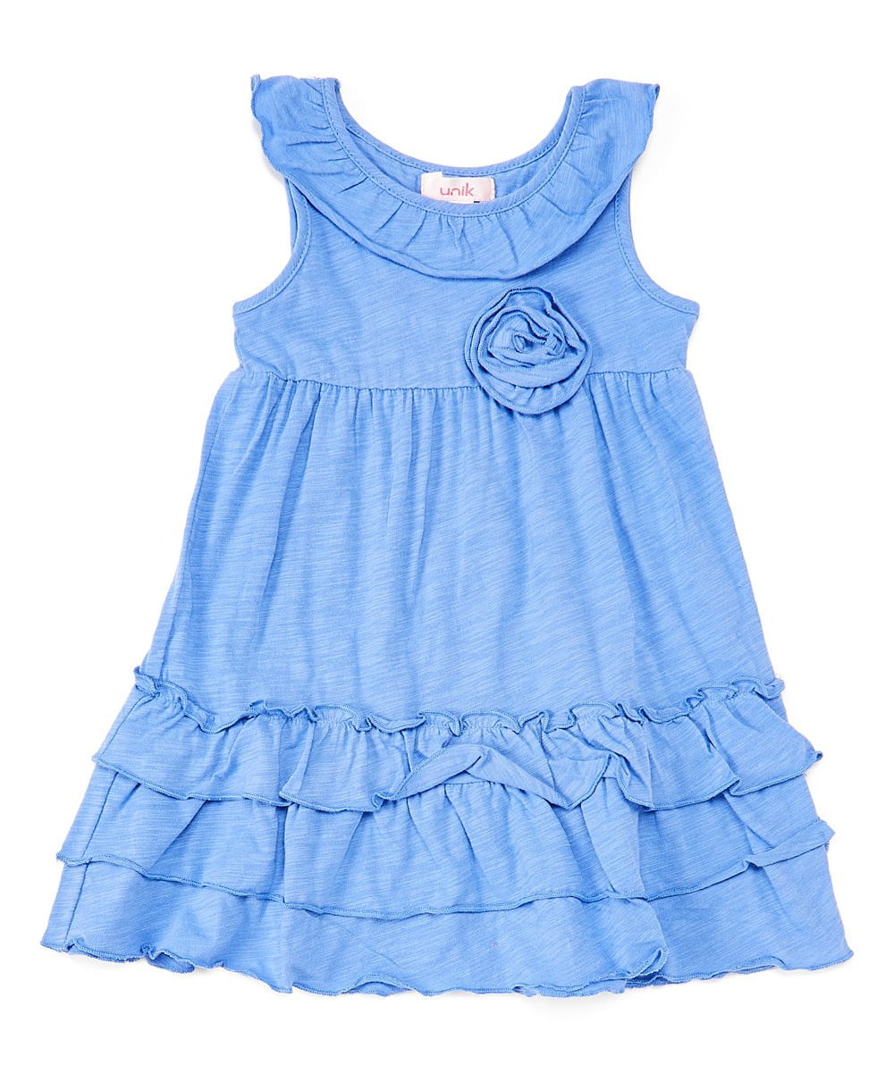 Girl Ruffle Dress With Flower Cotton Blend Fabric - Coral, Fuchsia, Periwrinkle, Mint, Ruffle, 2-8 (1 Piece)