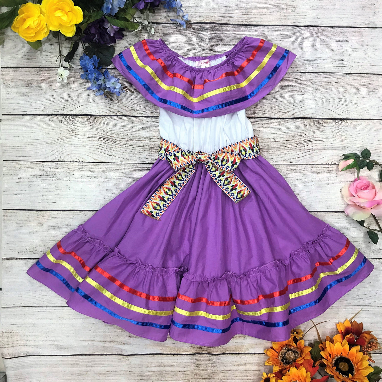 Unik Girl's Fancy Traditional Mexican Cinco De Mayo Fiesta Dress - Colorful Embroidered Fiesta Dress, Size 4-14 (1 Piece)