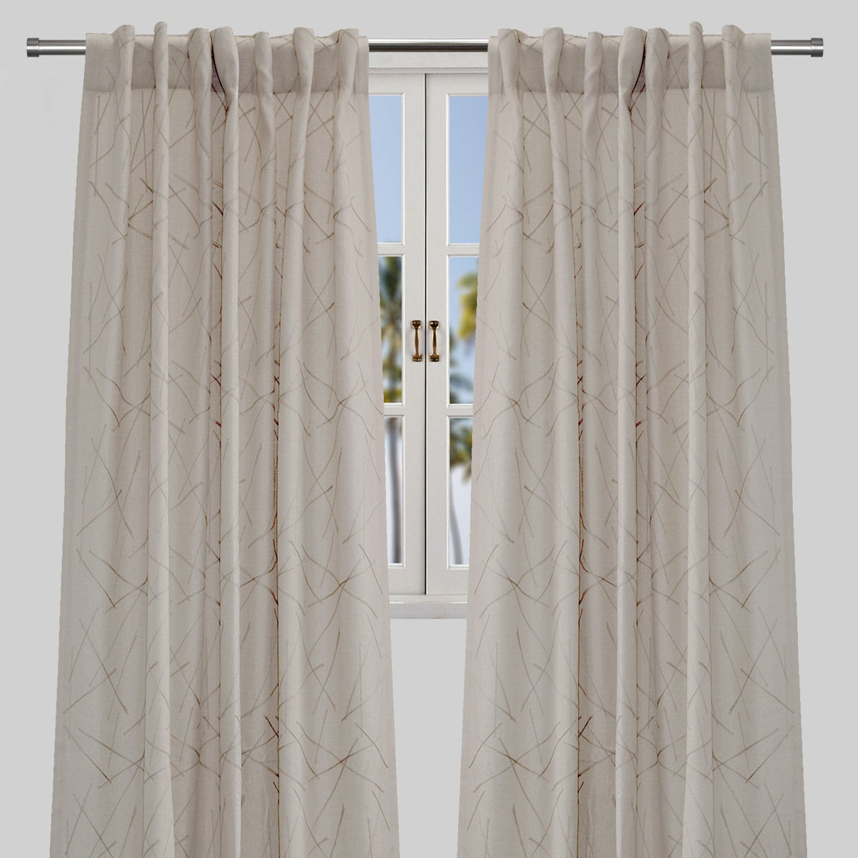 Bailey Curtain Panels Polyester Fabric - Embroidered Geometric Pattern, Beige, 54" X 96", Rod Pocket (Sold By The Pair)