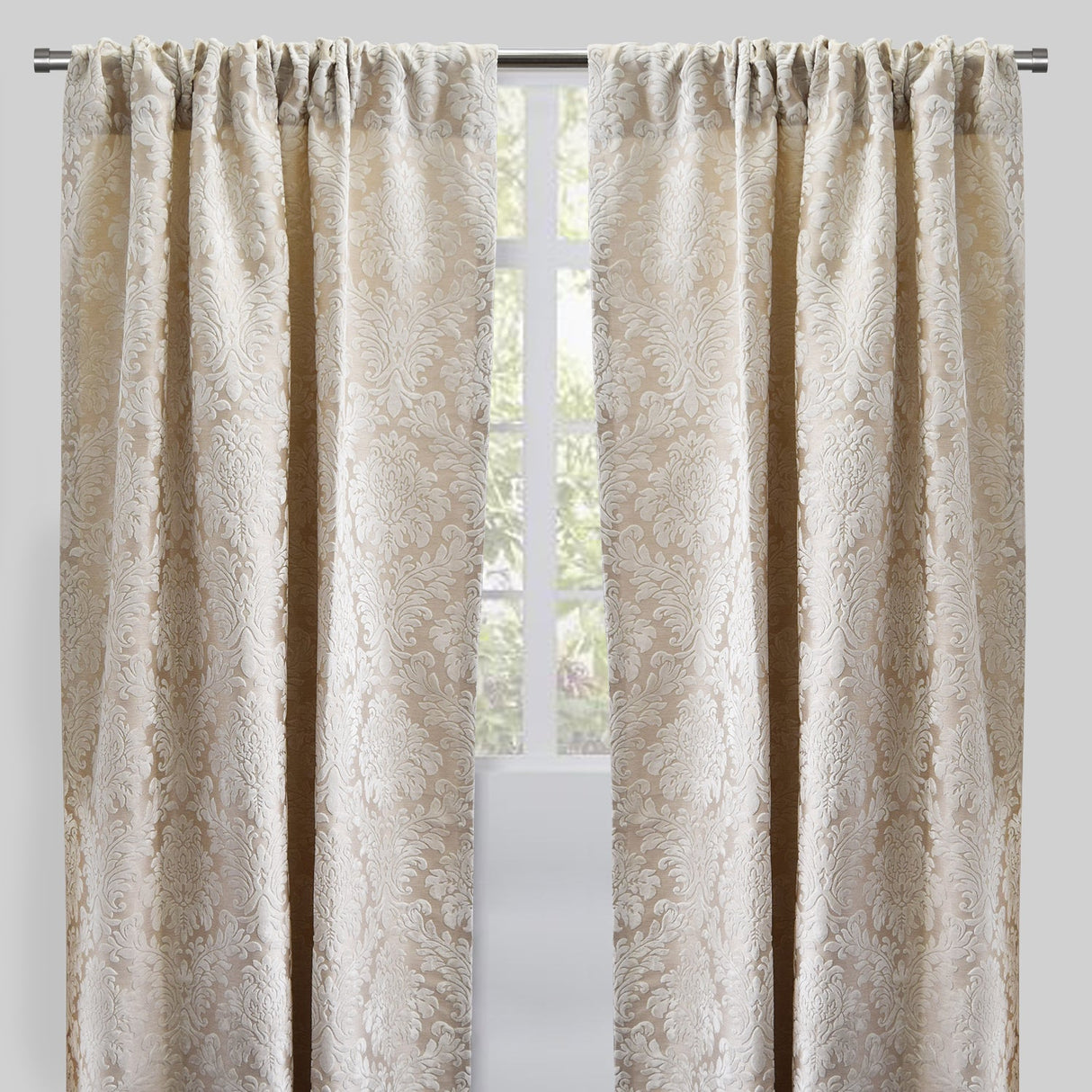 Georgina Curtain Panels Polyester Fabric - Traditional Damask Floral Cut Velvet Jacquard, 54" X 96", Rod Pocket, Room Darkening (1 Pair)