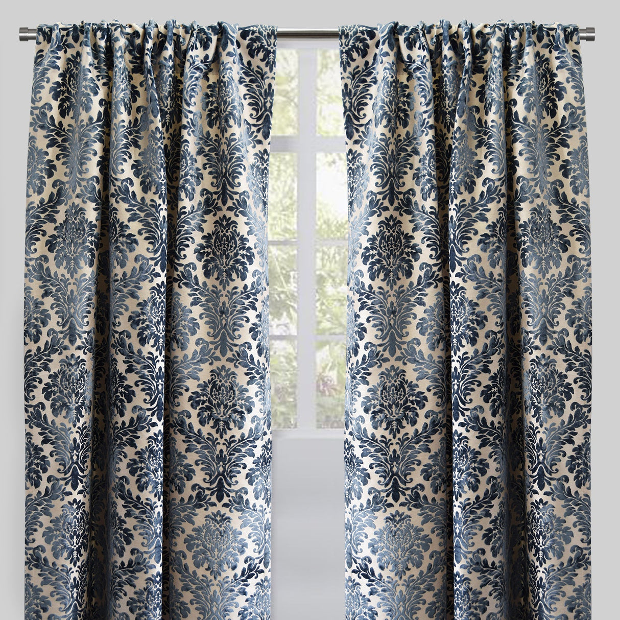 Georgina Curtain Panels Polyester Fabric - Traditional Damask Floral Cut Velvet Jacquard, 54" X 96", Rod Pocket, Room Darkening (1 Pair)