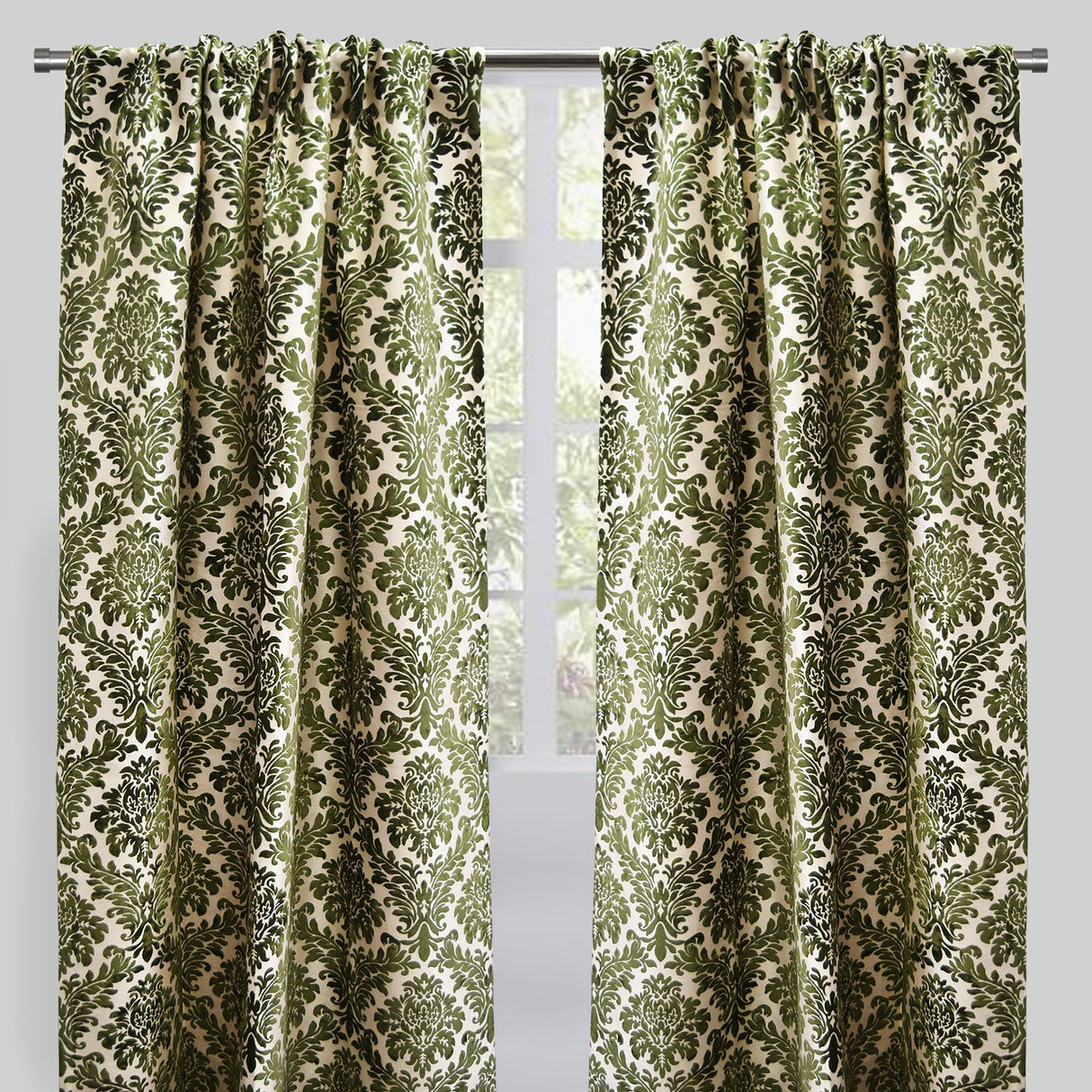 Georgina Curtain Panels Polyester Fabric - Traditional Damask Floral Cut Velvet Jacquard, 54" X 96", Rod Pocket, Room Darkening (1 Pair)