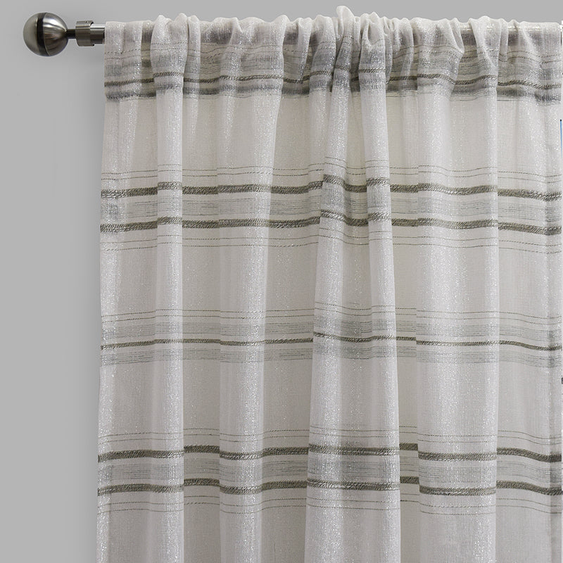 Giorgio Linen Look Polyester Fabric - Metallic Striped Sheer, 54" X 96", Spa, Gray, Beige (2 Panels)