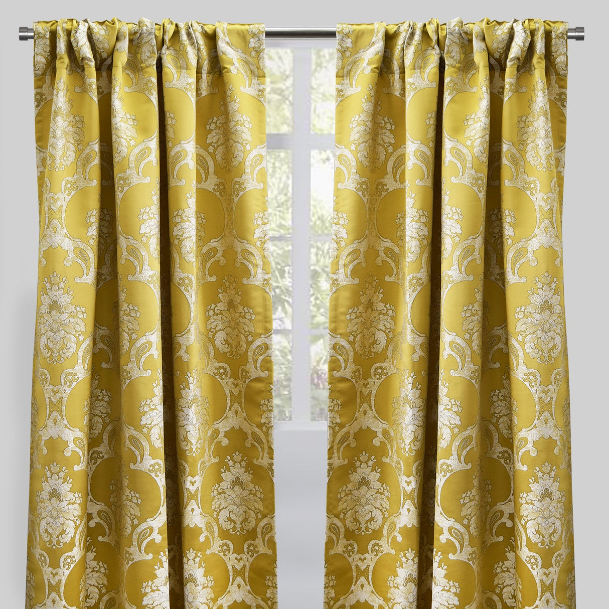 Katherine Traditional Jacquard Polyester Fabric - Textured Damask Faux Silk, Room Darkening, 54" X 96", Rod Pocket - Back Tab (1 Pair)