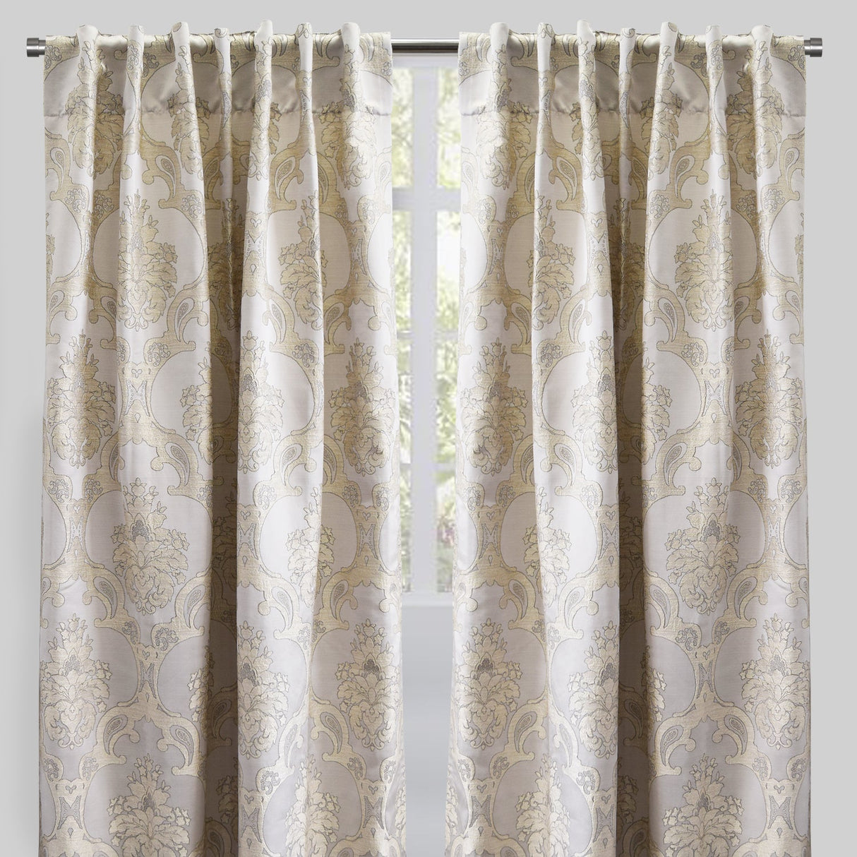 Katherine Traditional Jacquard Polyester Fabric - Textured Damask Faux Silk, Room Darkening, 54" X 96", Rod Pocket - Back Tab (1 Pair)