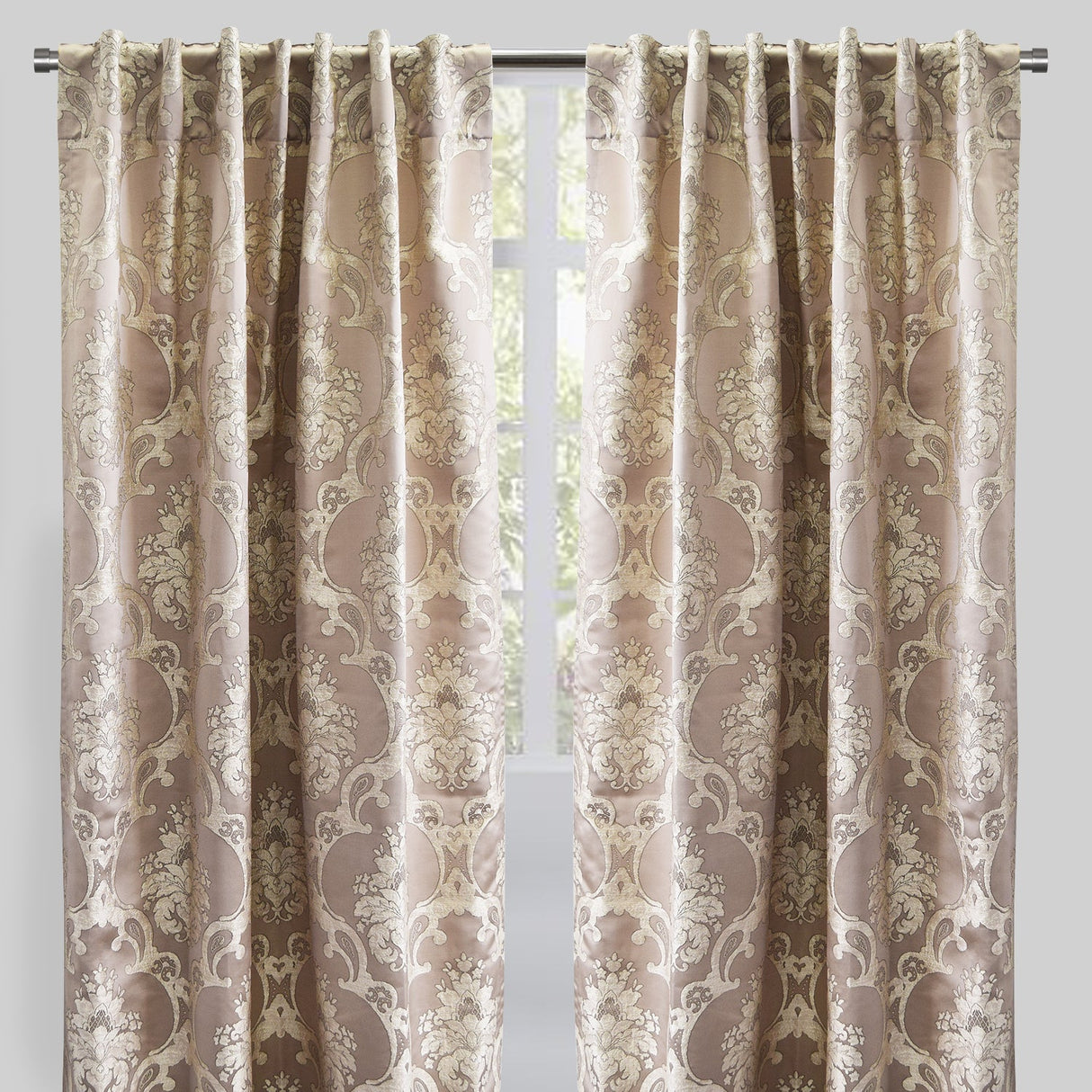 Katherine Traditional Jacquard Polyester Fabric - Textured Damask Faux Silk, Room Darkening, 54" X 96", Rod Pocket - Back Tab (1 Pair)