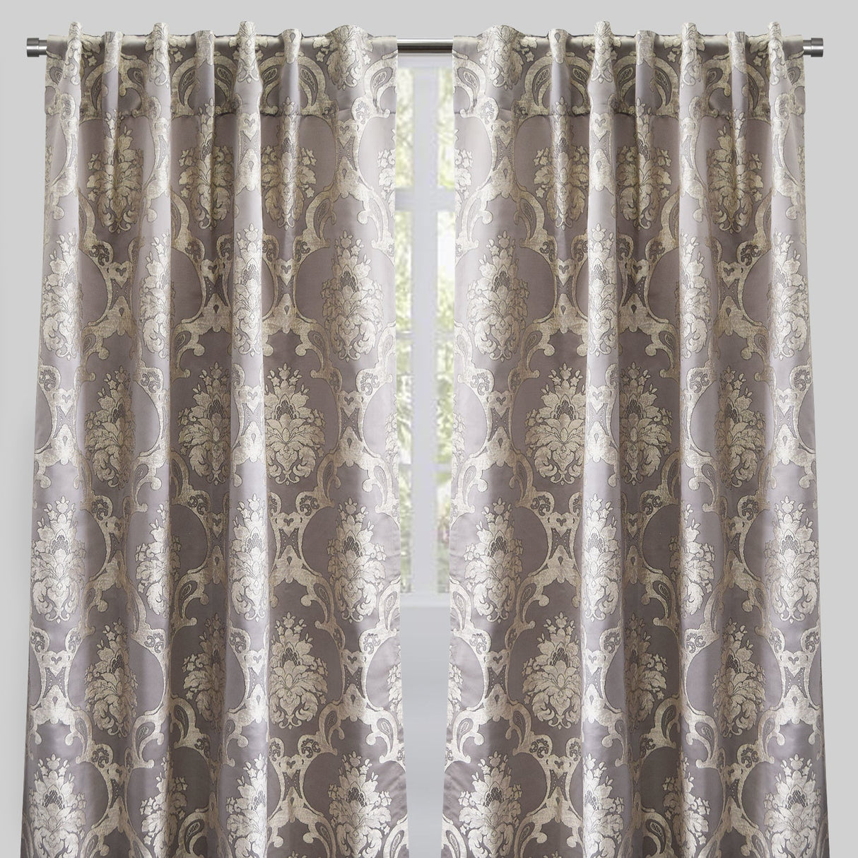Katherine Traditional Jacquard Polyester Fabric - Textured Damask Faux Silk, Room Darkening, 54" X 96", Rod Pocket - Back Tab (1 Pair)