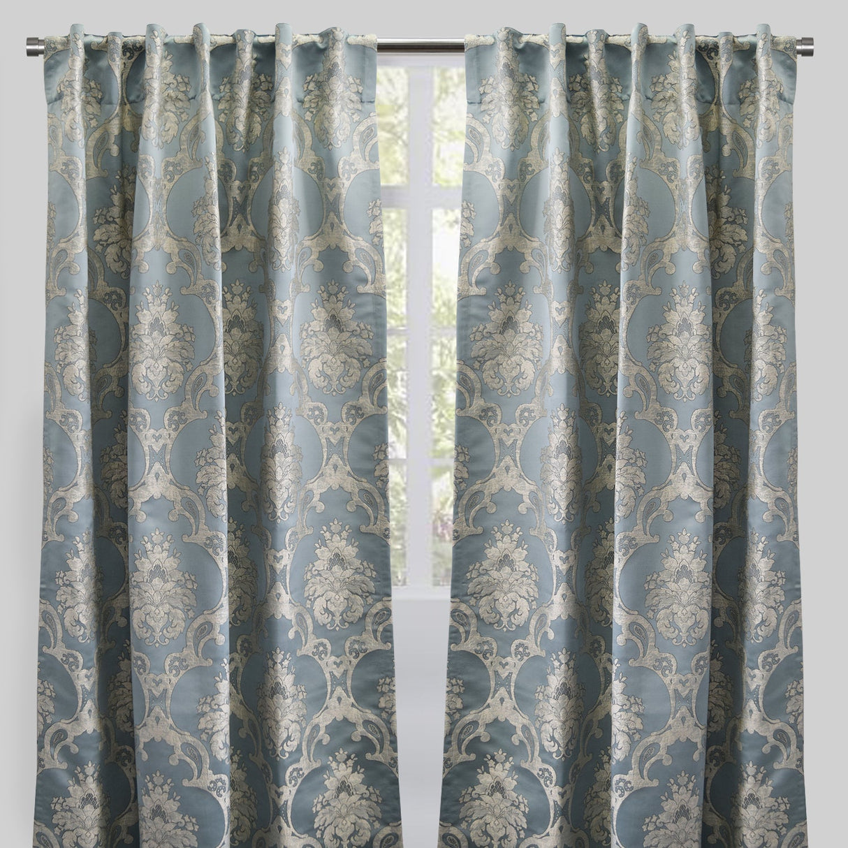 Katherine Traditional Jacquard Polyester Fabric - Textured Damask Faux Silk, Room Darkening, 54" X 96", Rod Pocket - Back Tab (1 Pair)