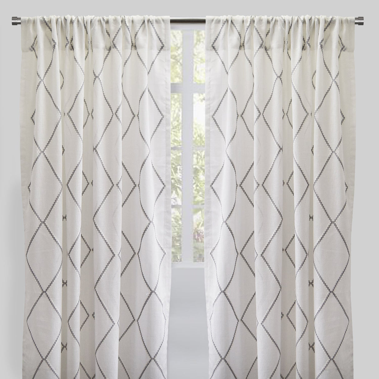 Katie Curtain Panels Polyester Fabric - Sheer Linen Look, Square Embroidery, 54" X 96" (Sold By The Pair)