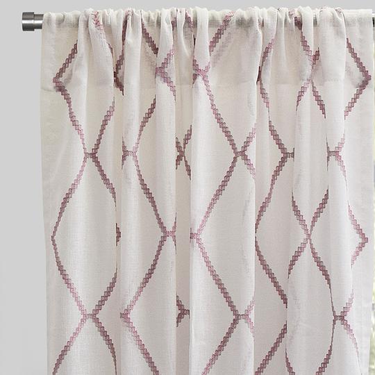 Katie Curtain Panels Polyester Fabric - Sheer Linen Look, Square Embroidery, 54" X 96" (Sold By The Pair)