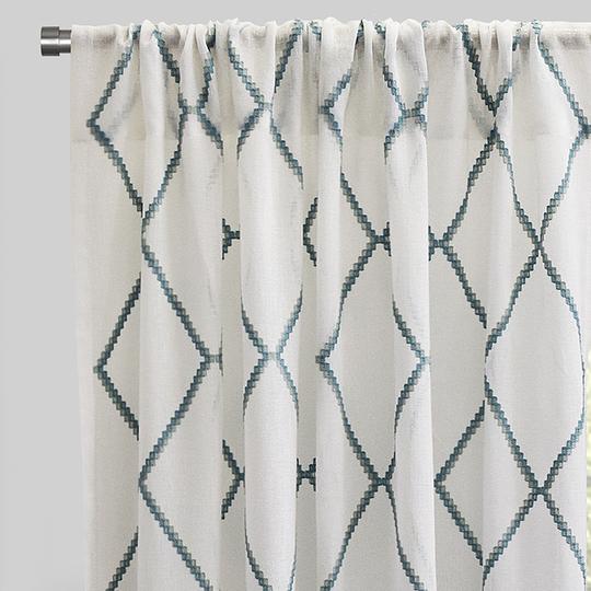 Katie Curtain Panels Polyester Fabric - Sheer Linen Look, Square Embroidery, 54" X 96" (Sold By The Pair)