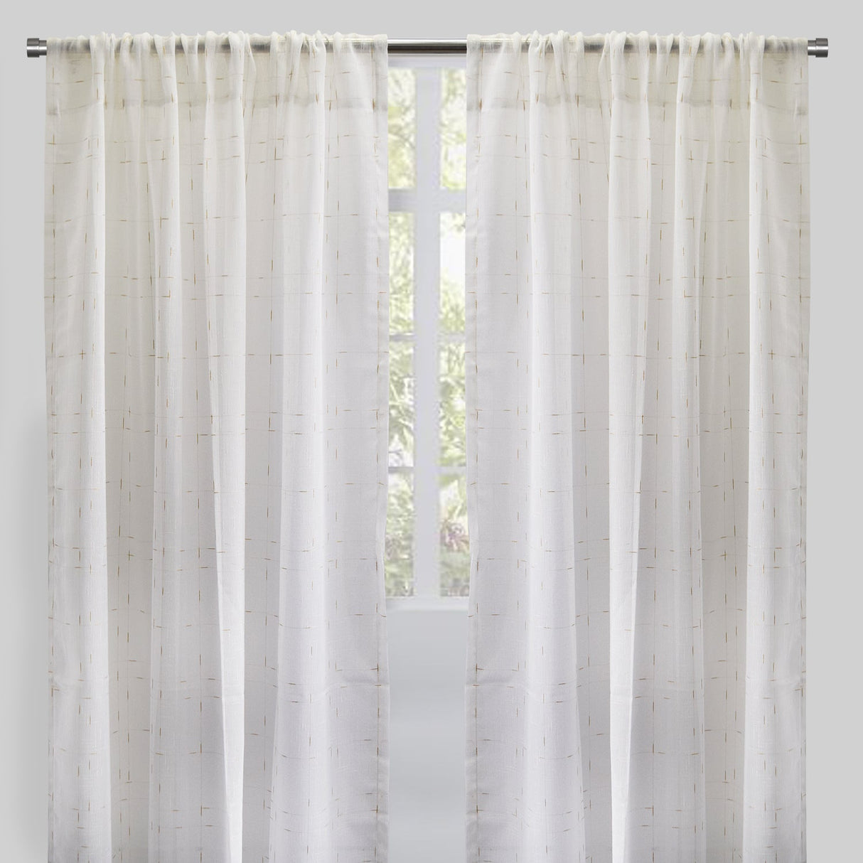 Larson Curtain Panels Polyester Fabric - Sheer Linen Look, Metallic Threading, White/Silver, 54X84, 54X96, Rod Pocket (Sold By The Pair)