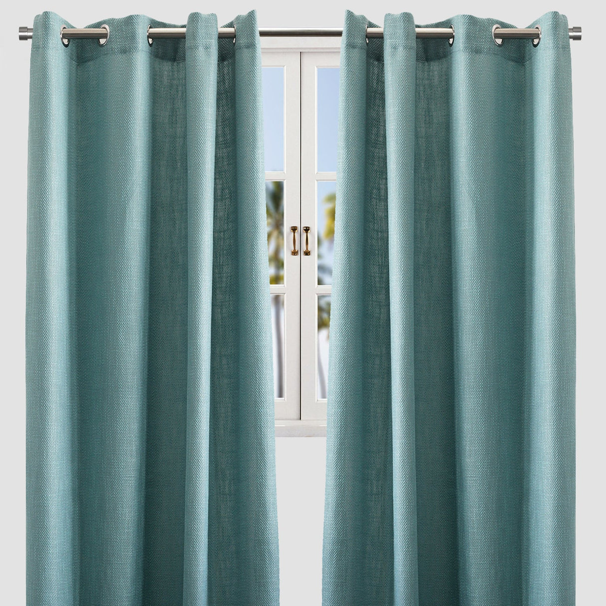 Raider Linen Blend Curtain Fabric - Solid Textured Chevron Pattern, Spa, 54" X 96" (2 Panels)