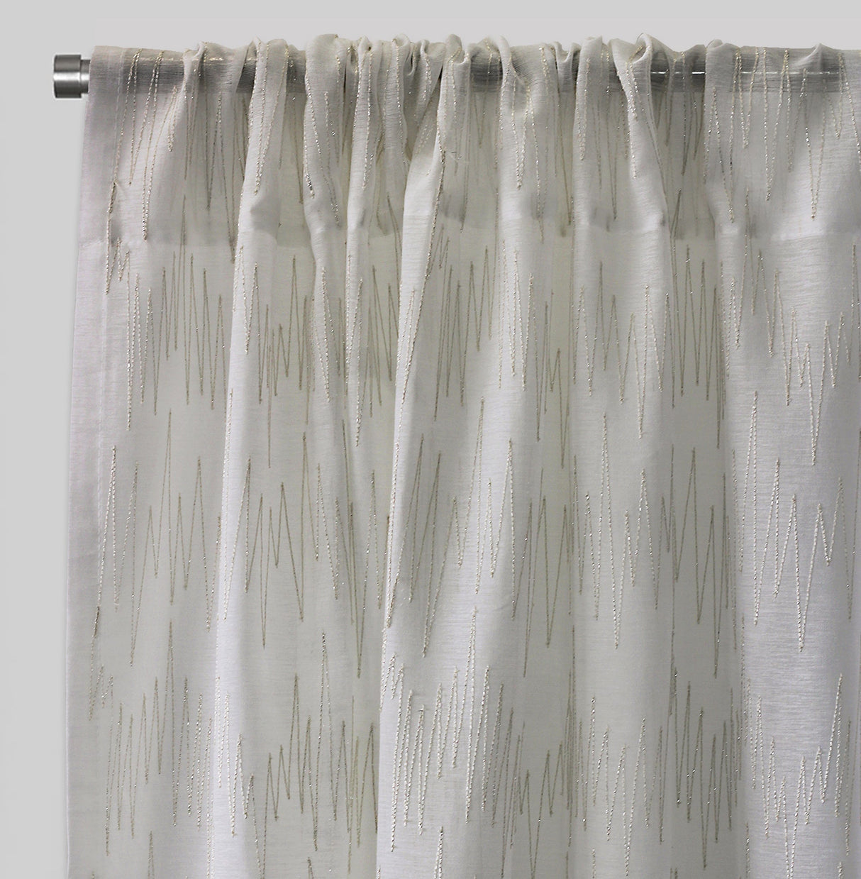 Zeek Linen Fabric - Metallic Zig Zag Embroidery, Sheer, Silver, 54" X 96", Rod Pocket (Sold By The Pair)