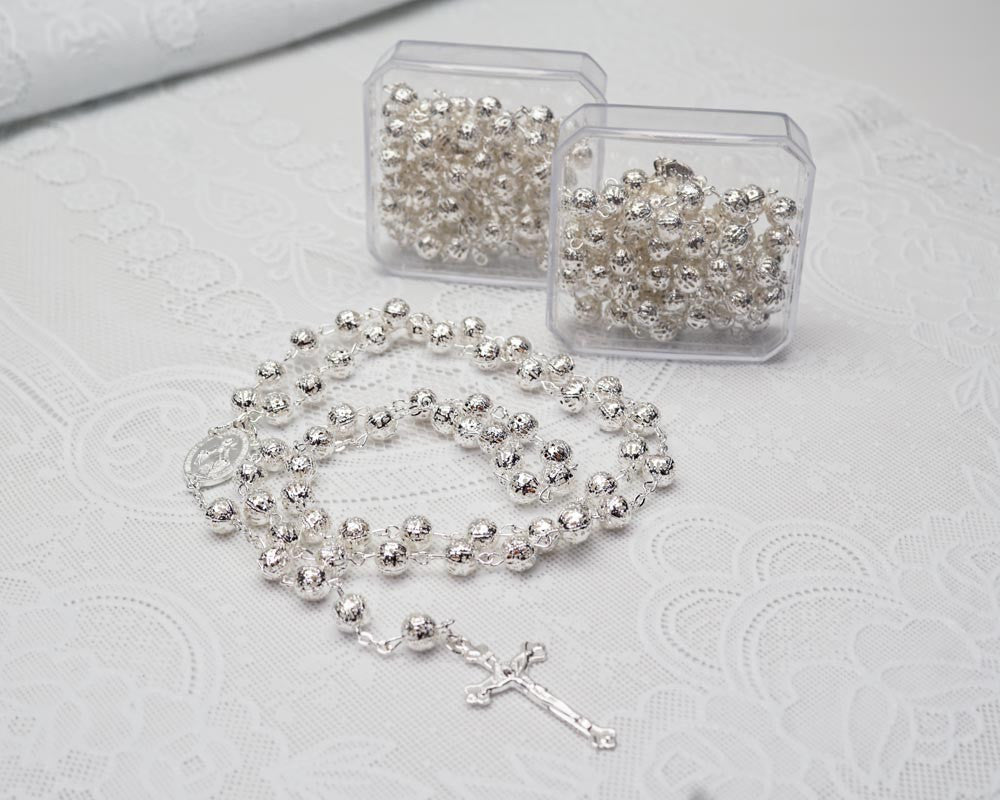 23" Silver Filigree Metal Ball Rosary Gift Box Favor - Pack of 12
