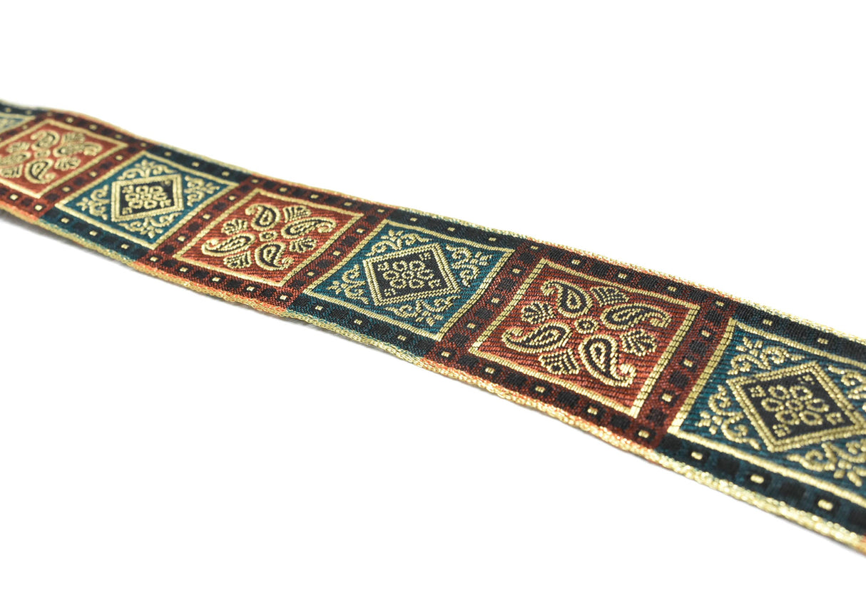 Jacquard Ribbon Burgundy Teal 2.70"