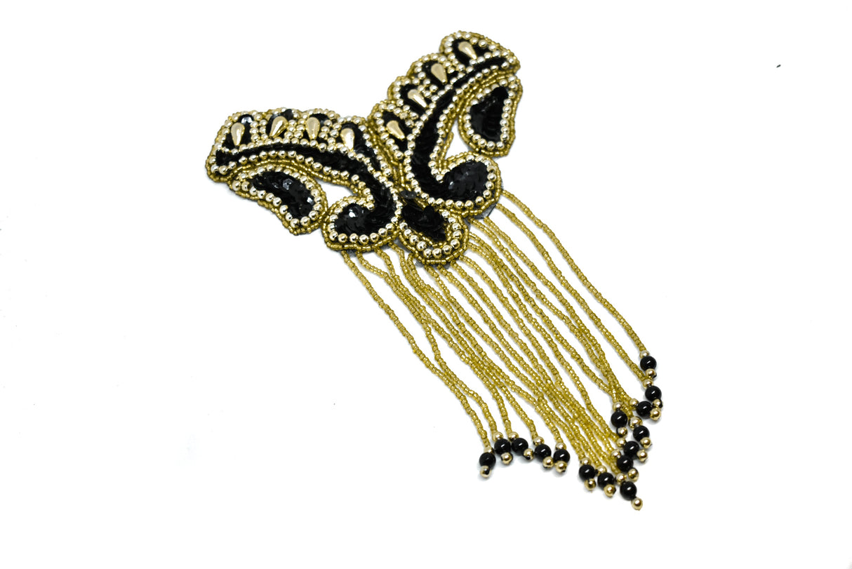 Beaded Fringe Applique Black Gold 8.5x5.5