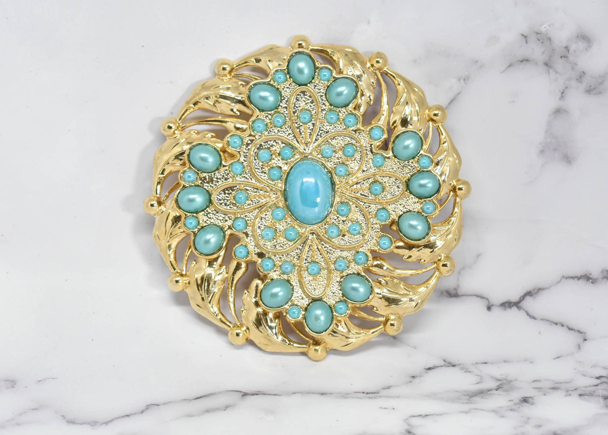 Beaded Gold Turquoise Pearl Buckle 5"