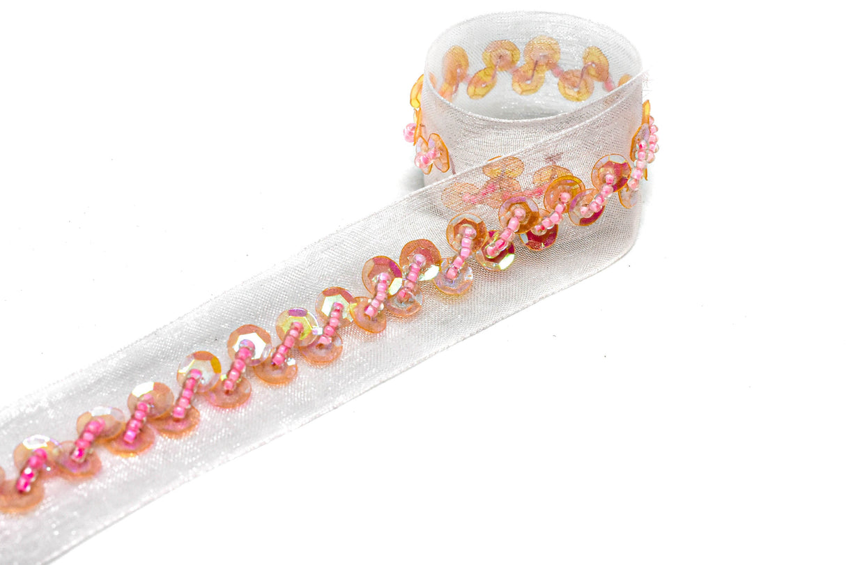 Sequins Trim Light Pink Wavy Organza 1"