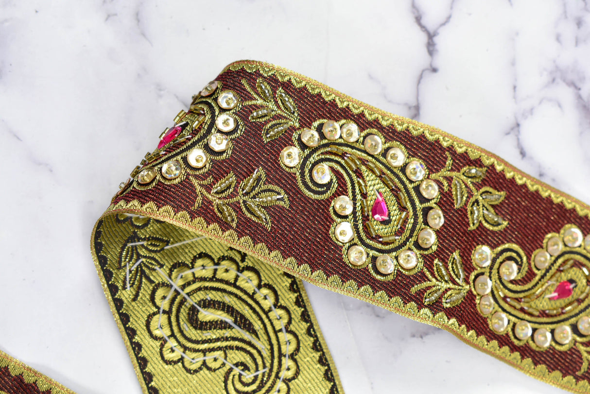 Embroidered Paisley Trim Gold Sequin 2.50"
