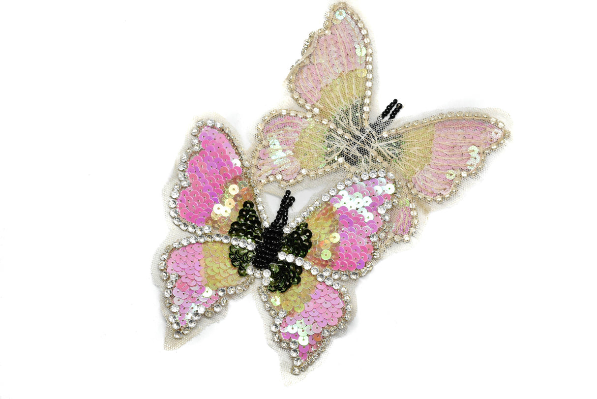 Embroidered Applique Sequins Rhinestone Butterfly Pink 4.5"