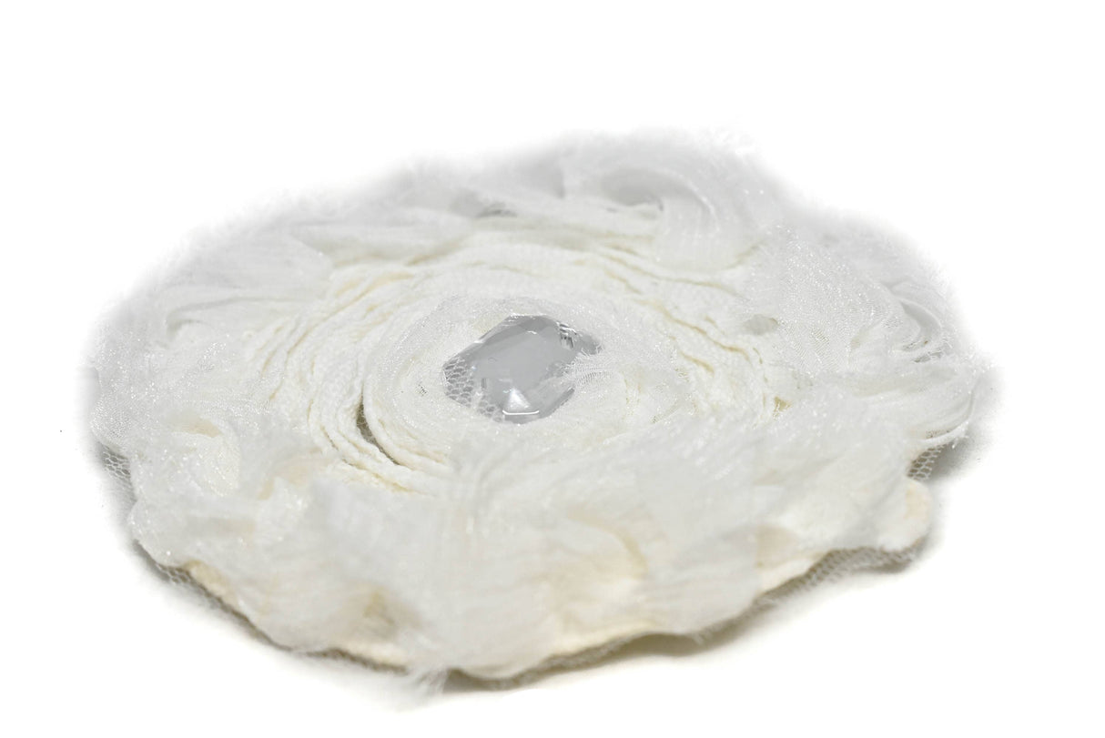 Embroidered Flower Rhinestone Applique White 3.88"