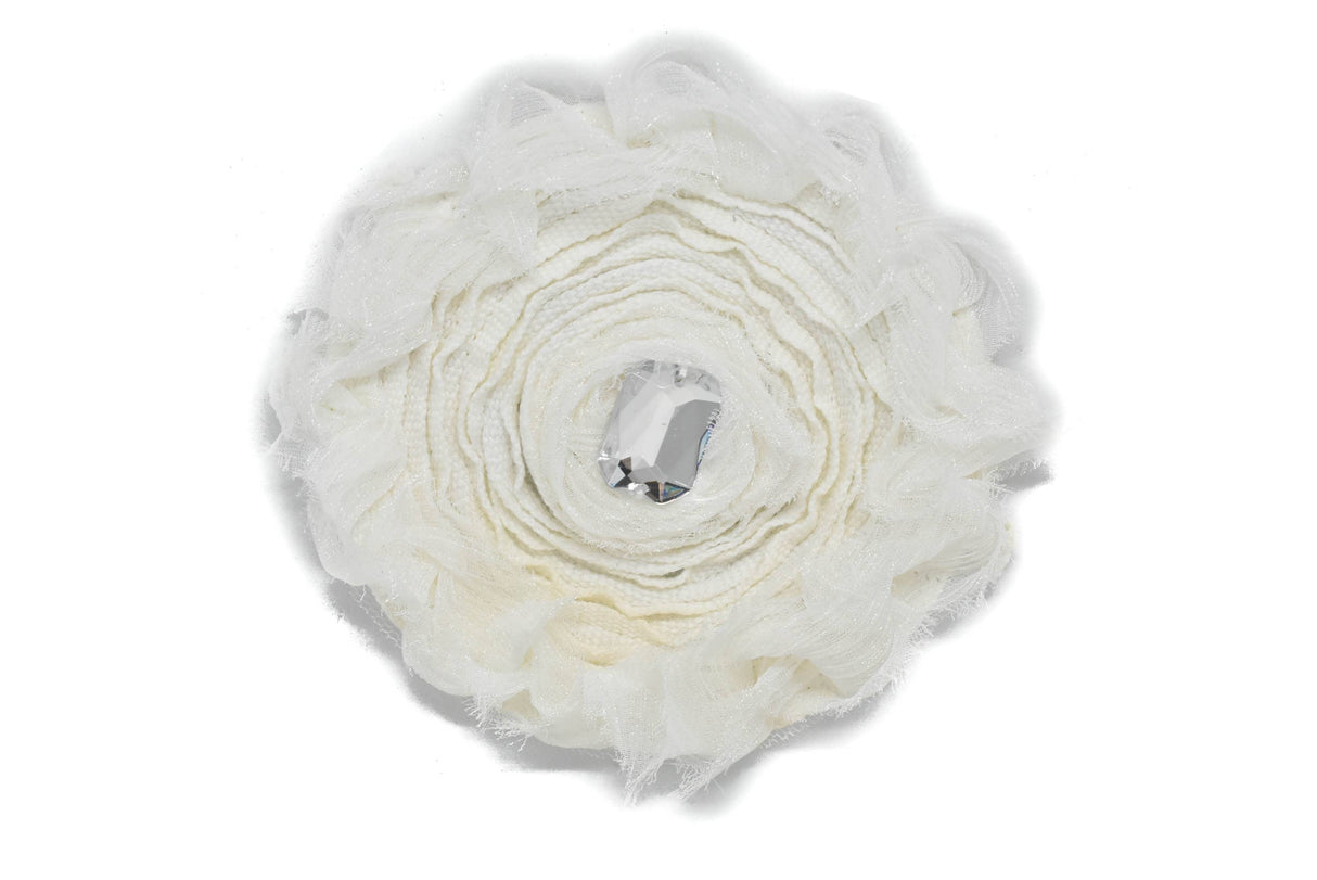 Embroidered Flower Rhinestone Applique White 3.88"