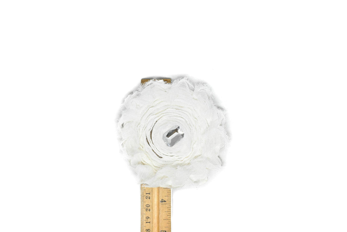 Embroidered Flower Rhinestone Applique White 3.88"