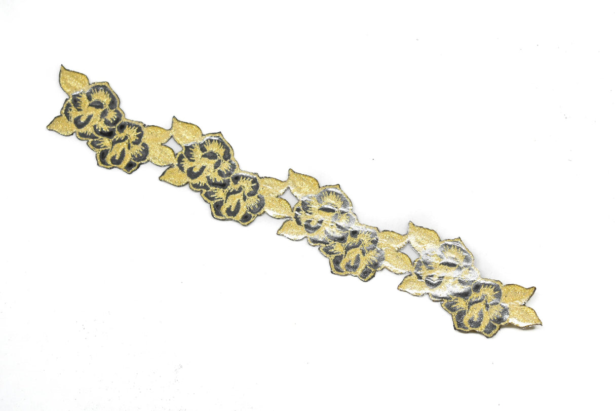 Embroidered Iron-On Patch Gold Black Floral 8.75 x 1.25