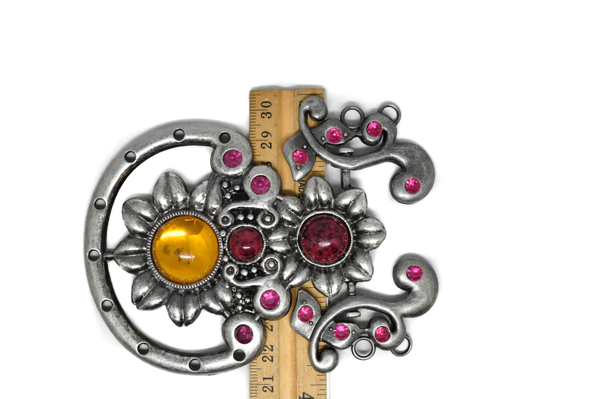 Floral Buckle Connector Silver Metal Beaded 4.90 x 3.63