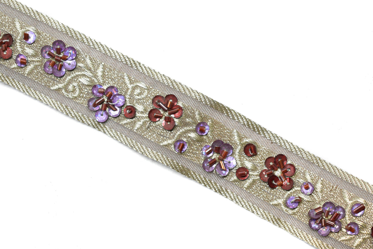 Embroidered Floral Sequins Trim 1.125"