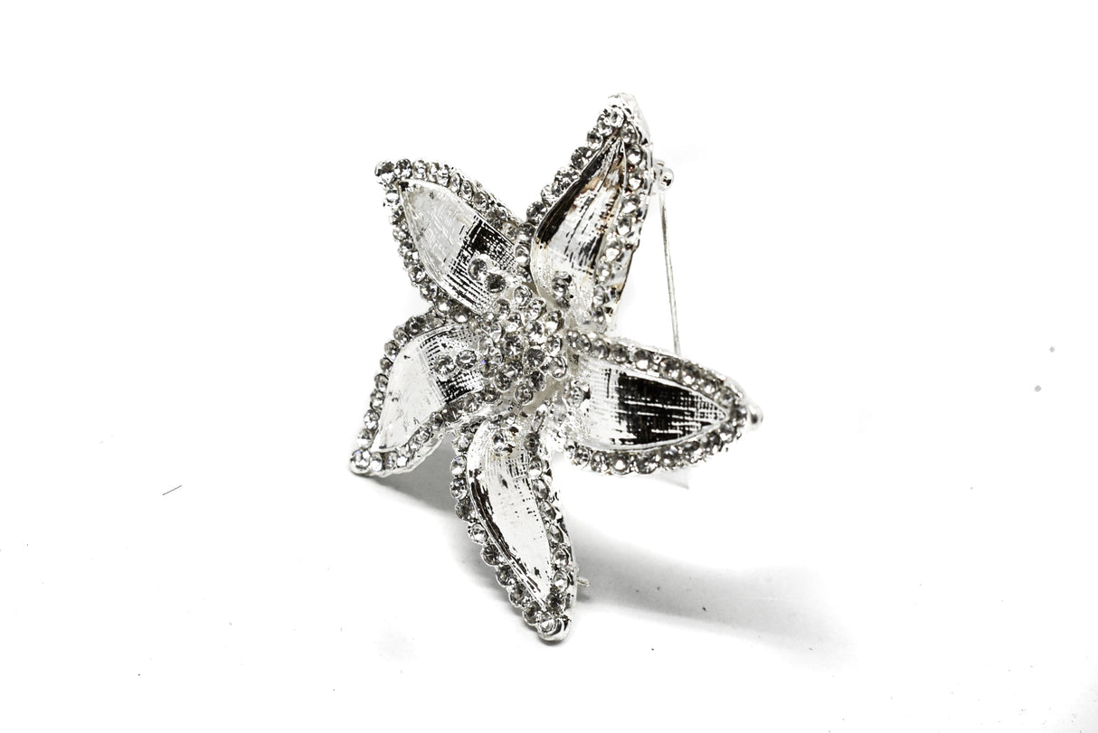 Rhinestone Flower Brooch 2.50" Silver