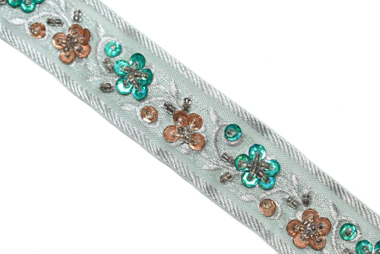 Embroidered Floral Sequins Trim 1.125"
