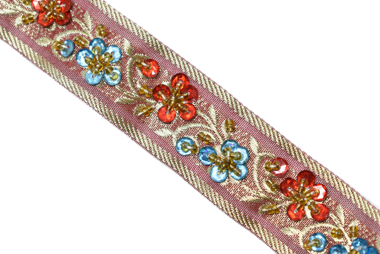Embroidered Floral Sequins Trim 1.125"