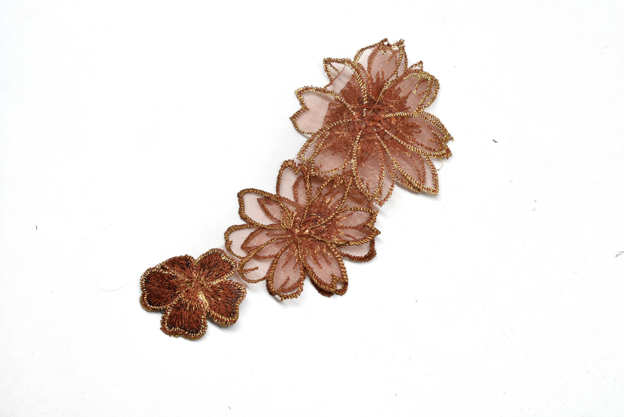 Embroidered Floral Applique Rose Gold Beaded 6 x 3