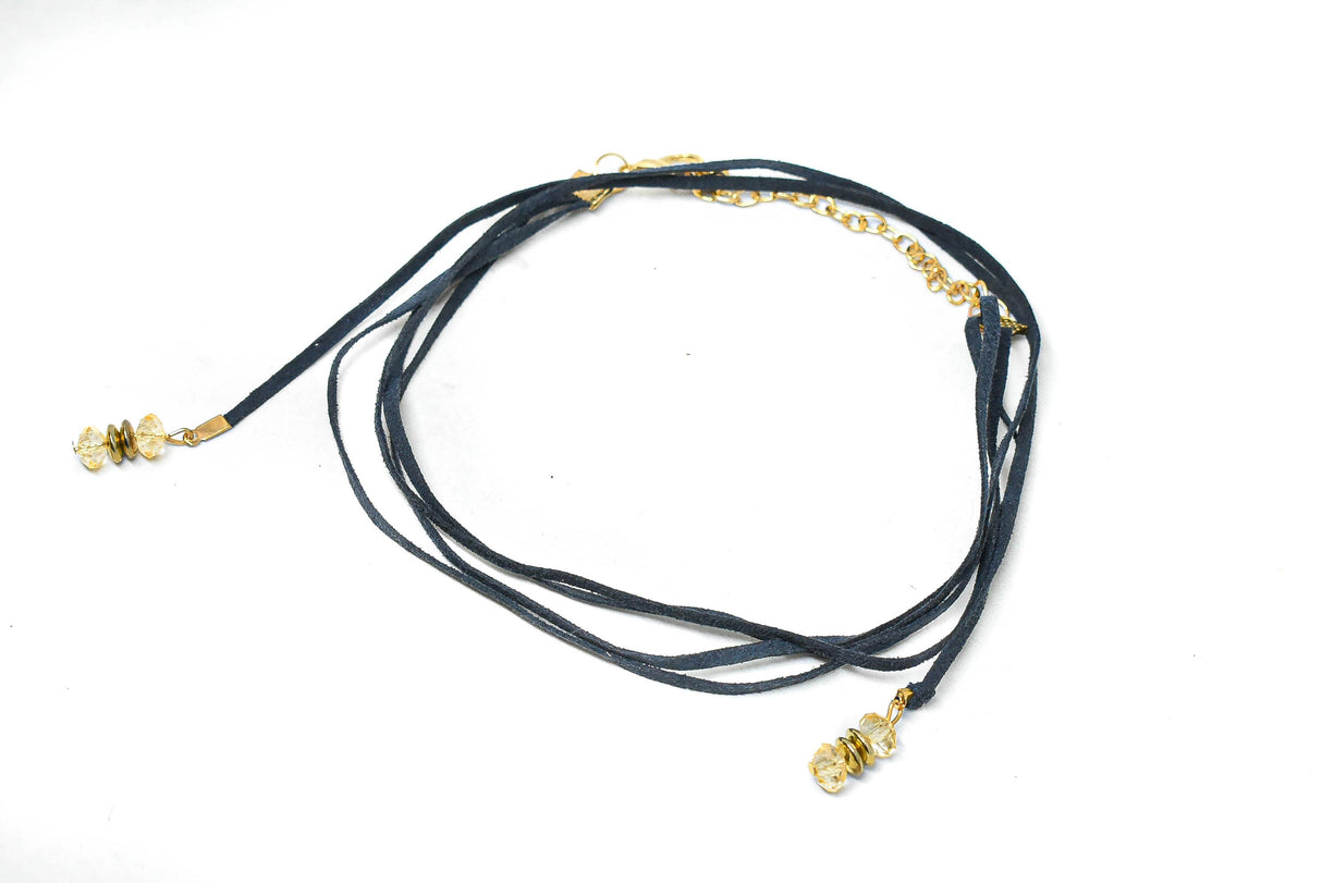 Rhinestone Necklace Blue Suede Gold Accents