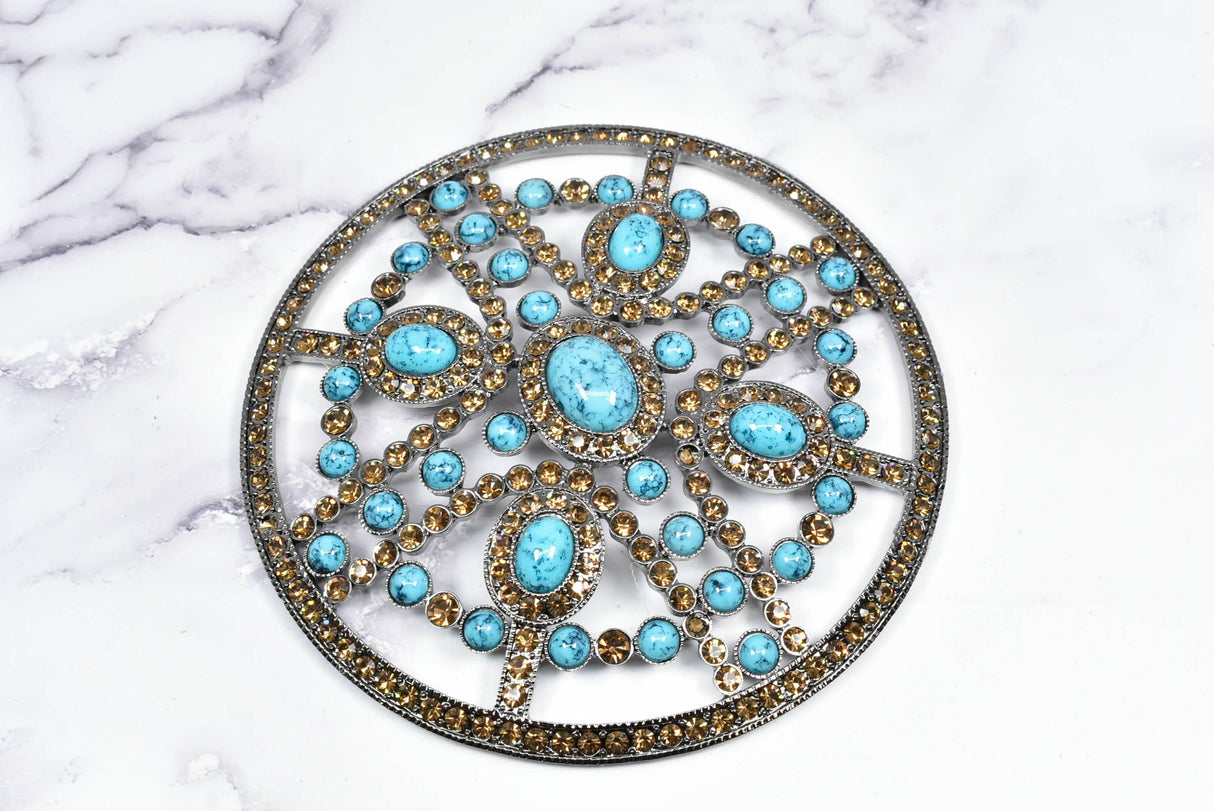 Rhinestone Buckle Turquoise Stone Circular 5.25"