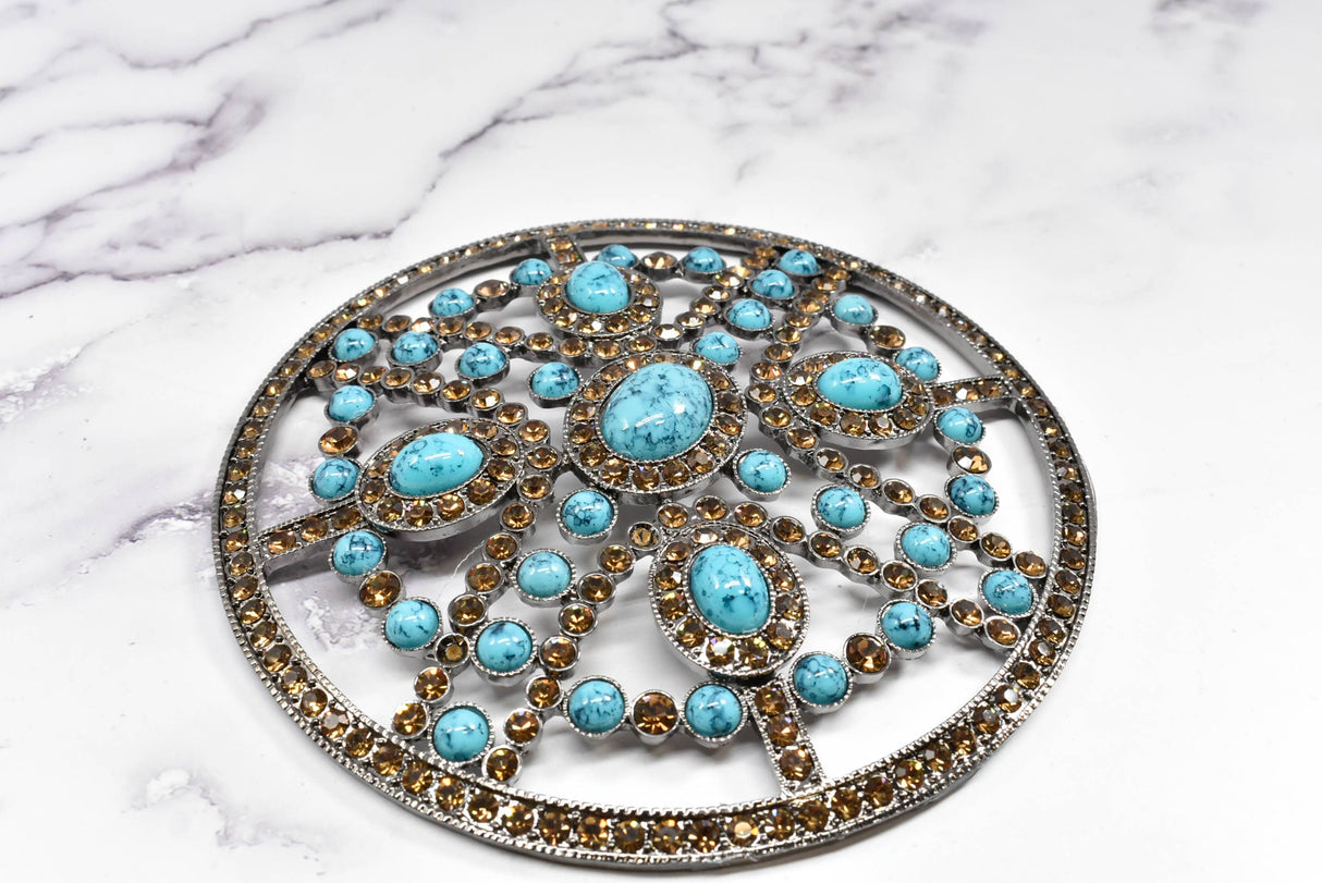 Rhinestone Buckle Turquoise Stone Circular 5.25"