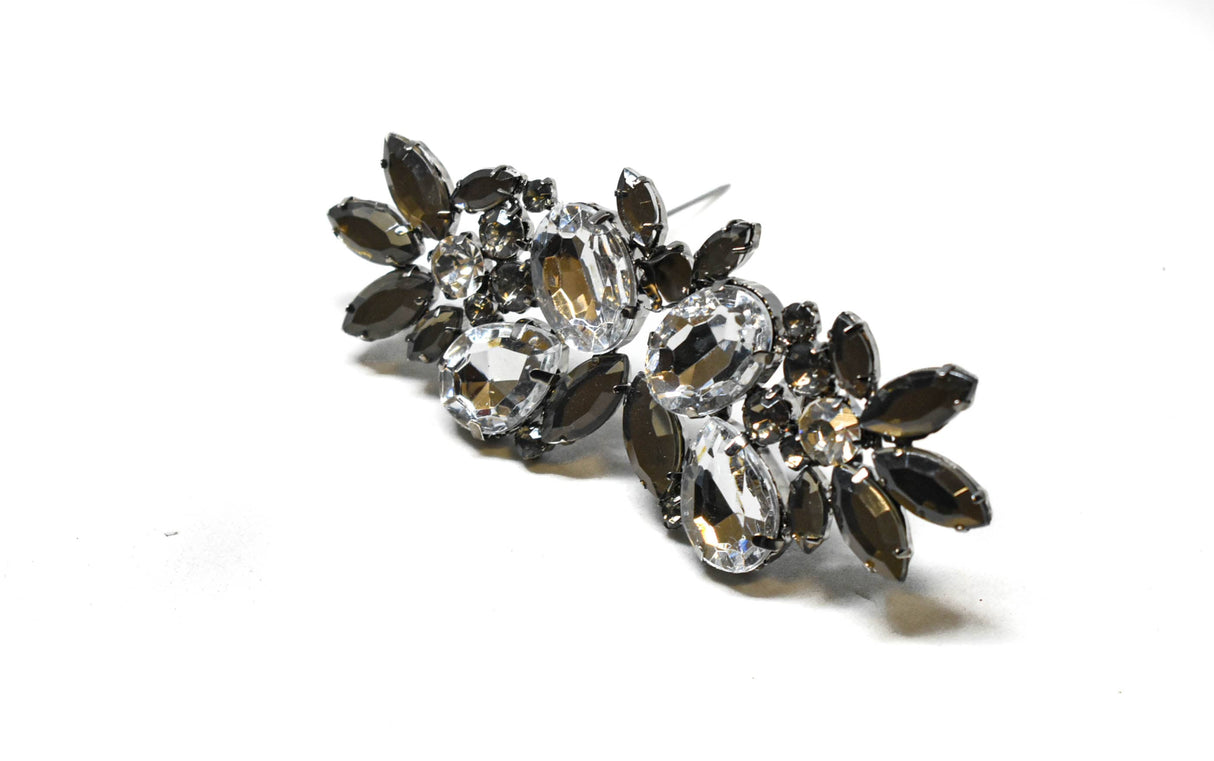 Brooch Pin Gunmetal Rhinestone Flower 3.75 x 1.50