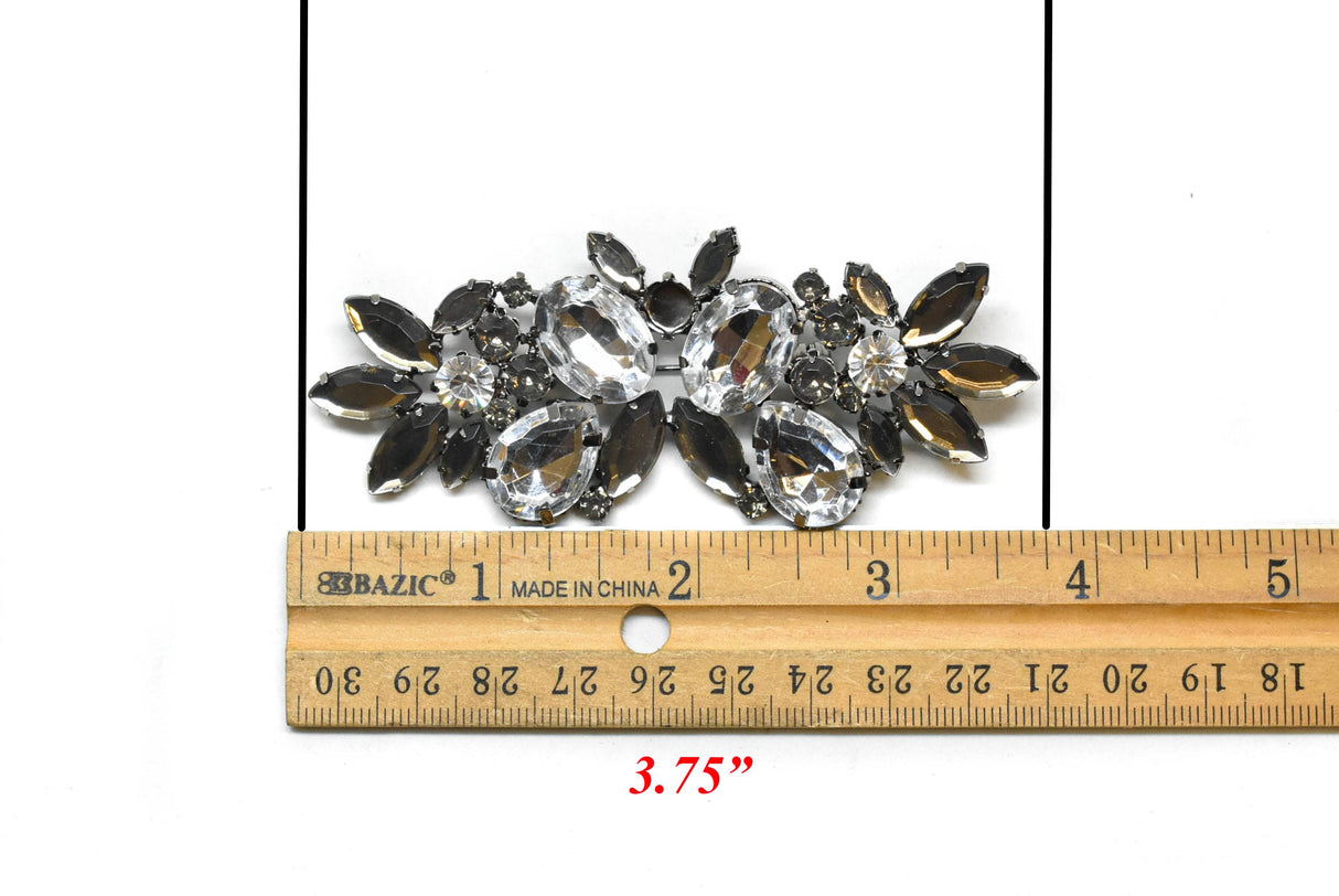 Brooch Pin Gunmetal Rhinestone Flower 3.75 x 1.50