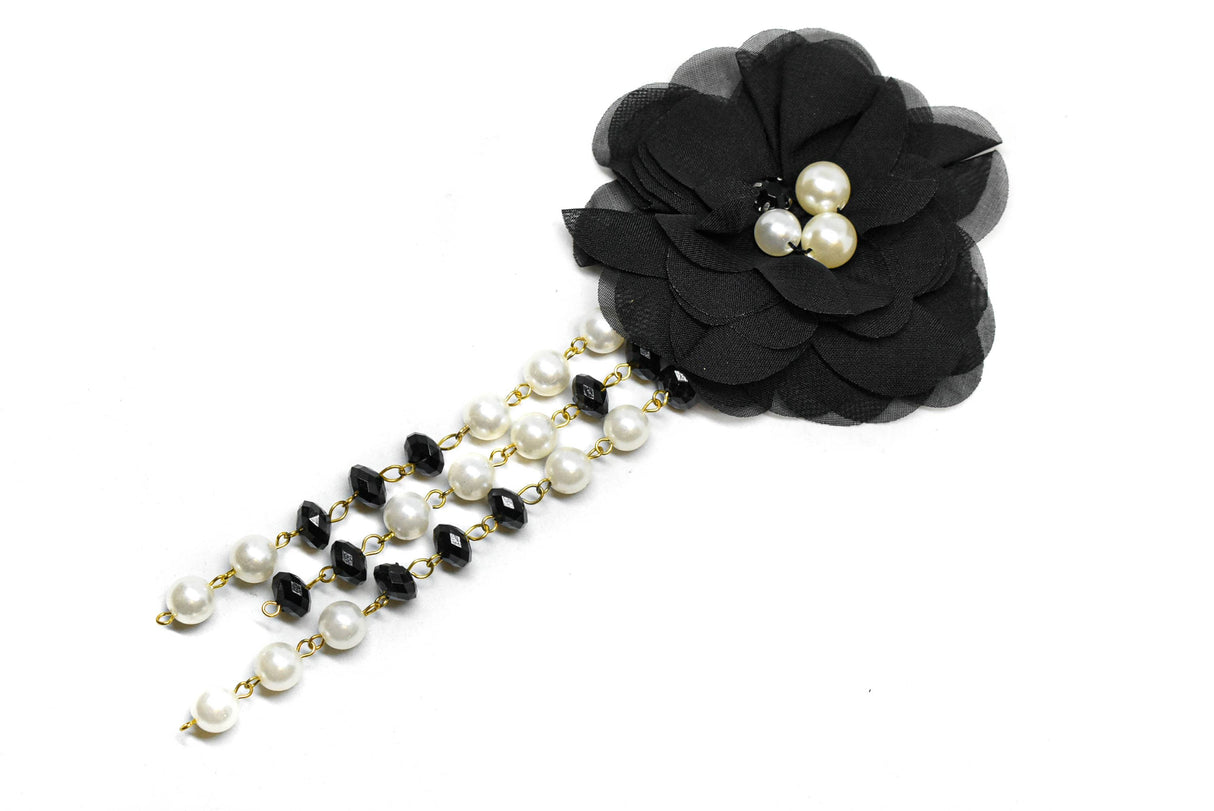 Flower Applique Pearl Black White Pin-On 3.75in