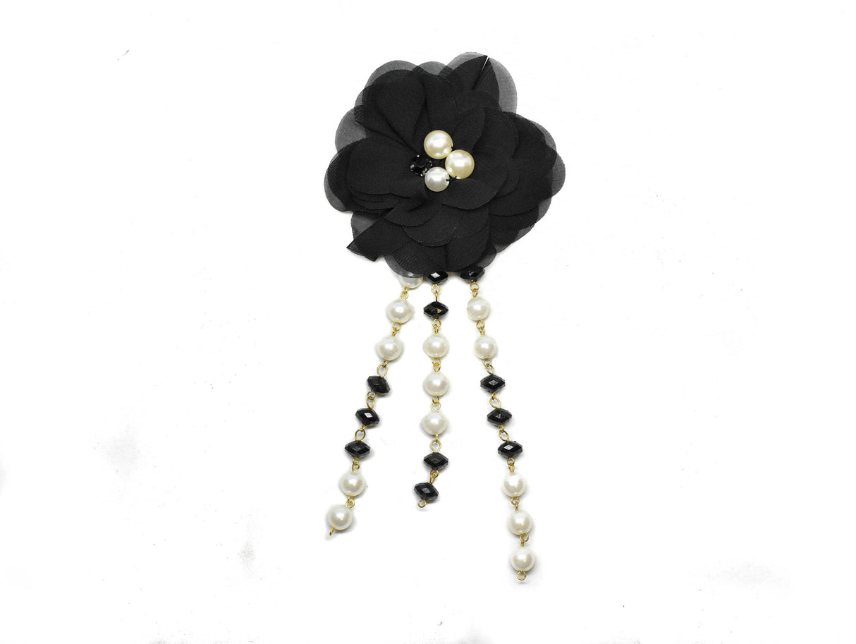 Flower Applique Pearl Black White Pin-On 3.75in